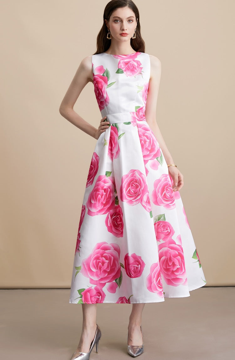 CM-DY054098 Women Elegant European Style Round Neck Sleeveless Pinched Waist A-Line Mid-Length Dress