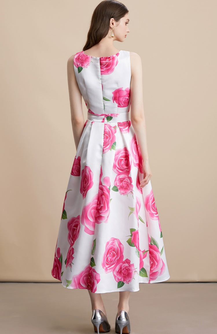 CM-DY054098 Women Elegant European Style Round Neck Sleeveless Pinched Waist A-Line Mid-Length Dress