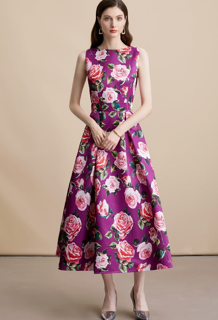 CM-DY054099 Women Elegant European Style Floral Print Round Neck Sleeveless Pinched Waist A-Line Dress