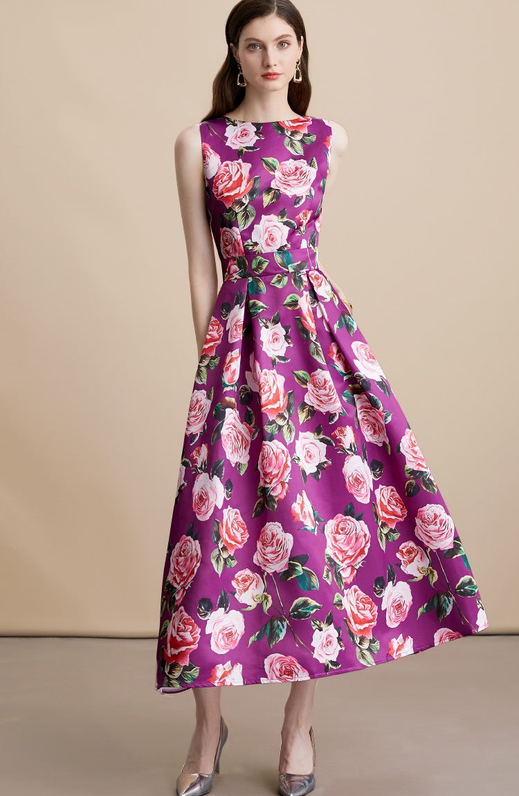 CM-DY054099 Women Elegant European Style Floral Print Round Neck Sleeveless Pinched Waist A-Line Dress