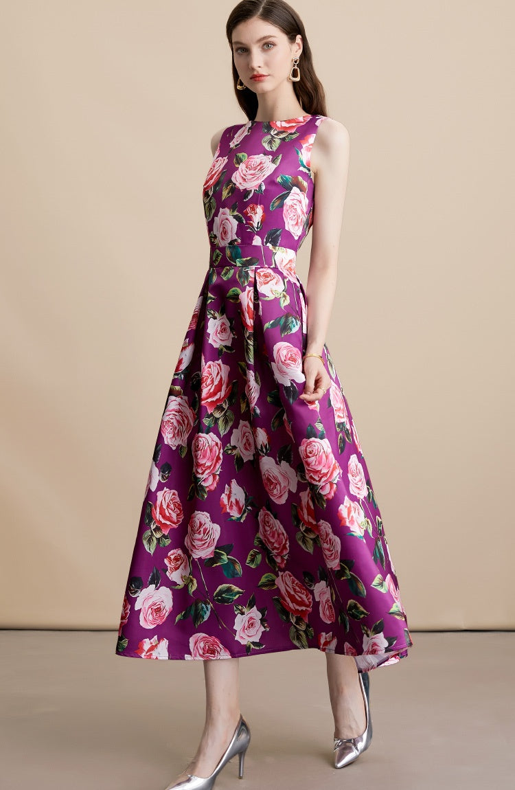 CM-DY054099 Women Elegant European Style Floral Print Round Neck Sleeveless Pinched Waist A-Line Dress