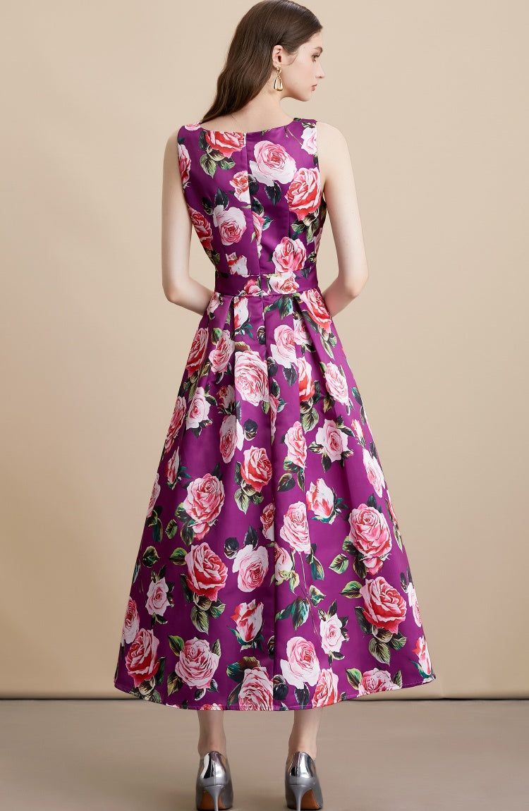 CM-DY054099 Women Elegant European Style Floral Print Round Neck Sleeveless Pinched Waist A-Line Dress