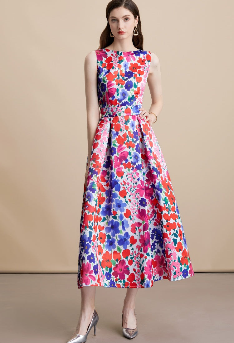 CM-DY054100 Women Elegant European Style Floral Print Round Neck Sleeveless High Waist Mid-Length Dress