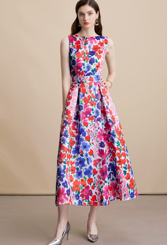 CM-DY054100 Women Elegant European Style Floral Print Round Neck Sleeveless High Waist Mid-Length Dress