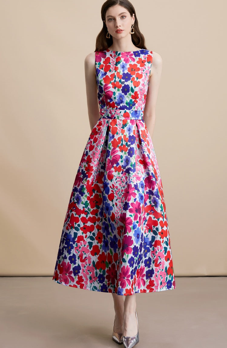 CM-DY054100 Women Elegant European Style Floral Print Round Neck Sleeveless High Waist Mid-Length Dress