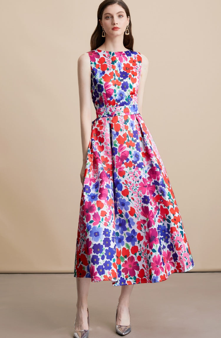 CM-DY054100 Women Elegant European Style Floral Print Round Neck Sleeveless High Waist Mid-Length Dress
