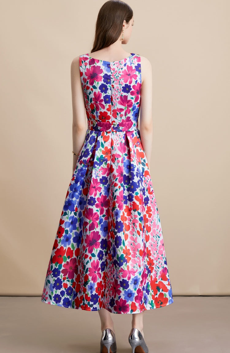 CM-DY054100 Women Elegant European Style Floral Print Round Neck Sleeveless High Waist Mid-Length Dress