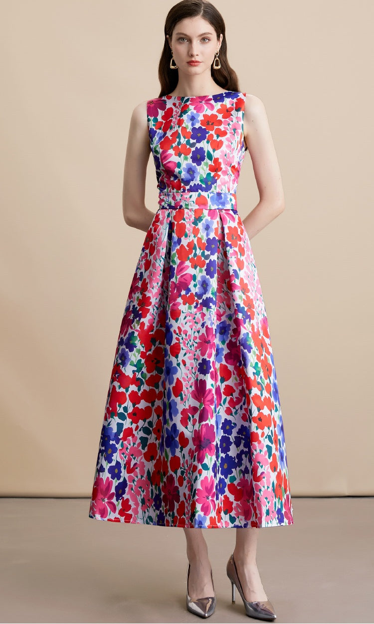 CM-DY054100 Women Elegant European Style Floral Print Round Neck Sleeveless High Waist Mid-Length Dress