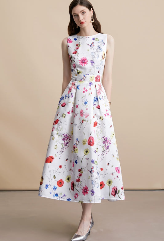 CM-DY054101 Women Elegant European Style Floral Print Round Neck Sleeveless Pinched Waist Mid-Length Dress