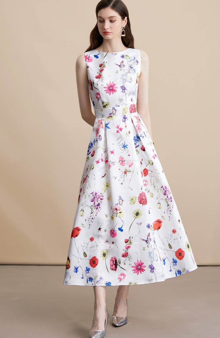 CM-DY054101 Women Elegant European Style Floral Print Round Neck Sleeveless Pinched Waist Mid-Length Dress