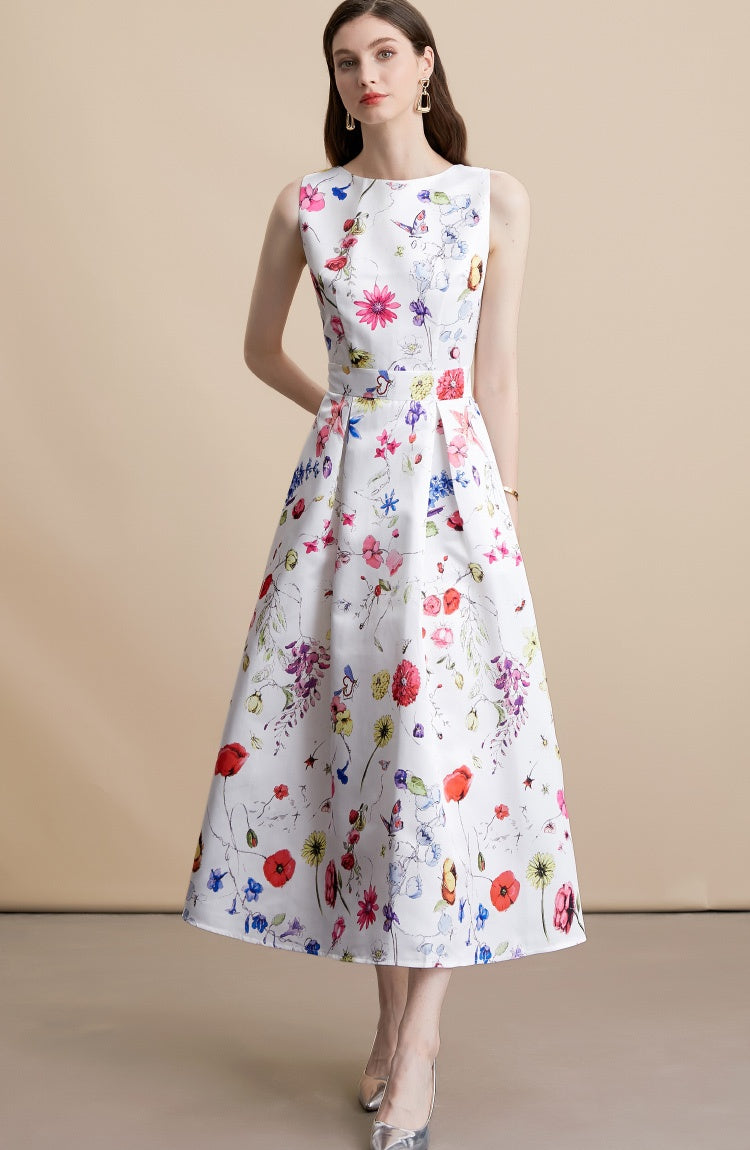 CM-DY054101 Women Elegant European Style Floral Print Round Neck Sleeveless Pinched Waist Mid-Length Dress