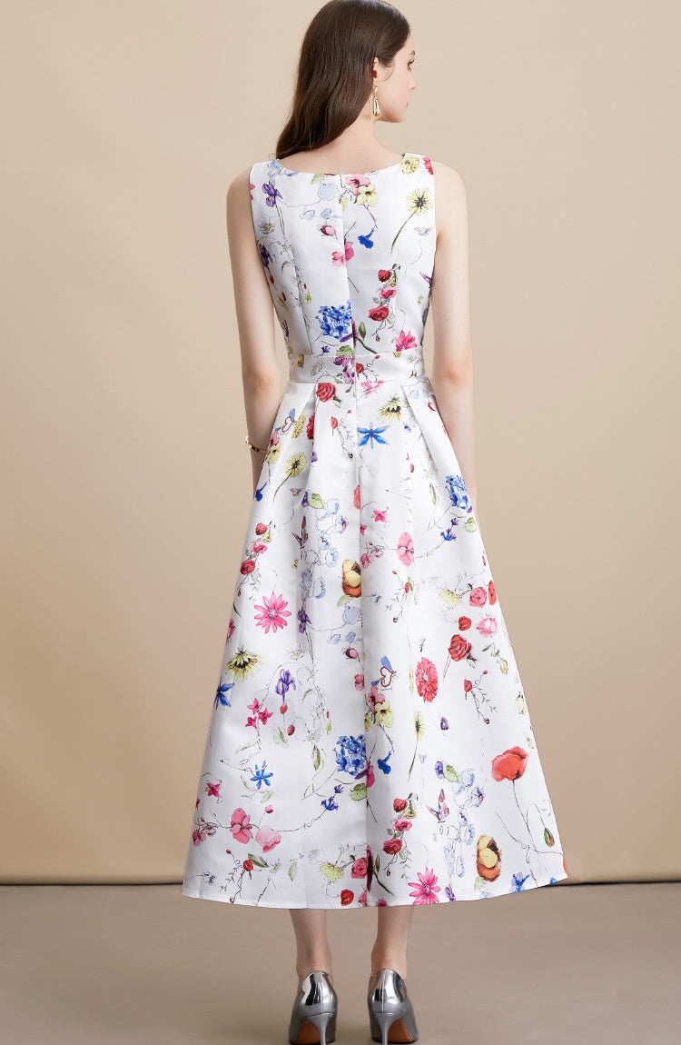 CM-DY054101 Women Elegant European Style Floral Print Round Neck Sleeveless Pinched Waist Mid-Length Dress