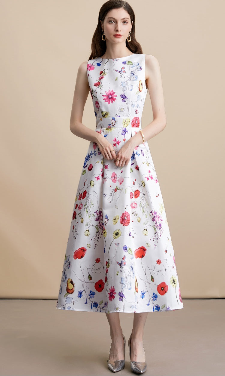 CM-DY054101 Women Elegant European Style Floral Print Round Neck Sleeveless Pinched Waist Mid-Length Dress