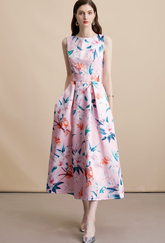 CM-DY054102 Women Elegant European Style Floral Print Round Neck Sleeveless Pinched Waist Mid-Length Dress
