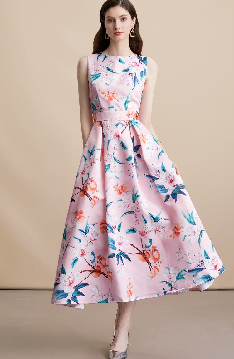 CM-DY054102 Women Elegant European Style Floral Print Round Neck Sleeveless Pinched Waist Mid-Length Dress