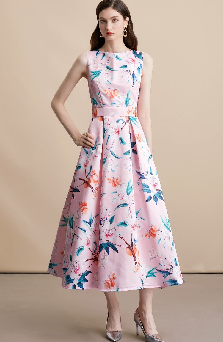 CM-DY054102 Women Elegant European Style Floral Print Round Neck Sleeveless Pinched Waist Mid-Length Dress