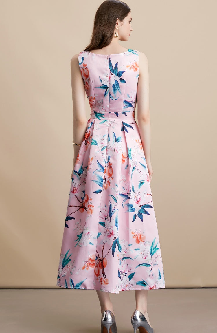 CM-DY054102 Women Elegant European Style Floral Print Round Neck Sleeveless Pinched Waist Mid-Length Dress