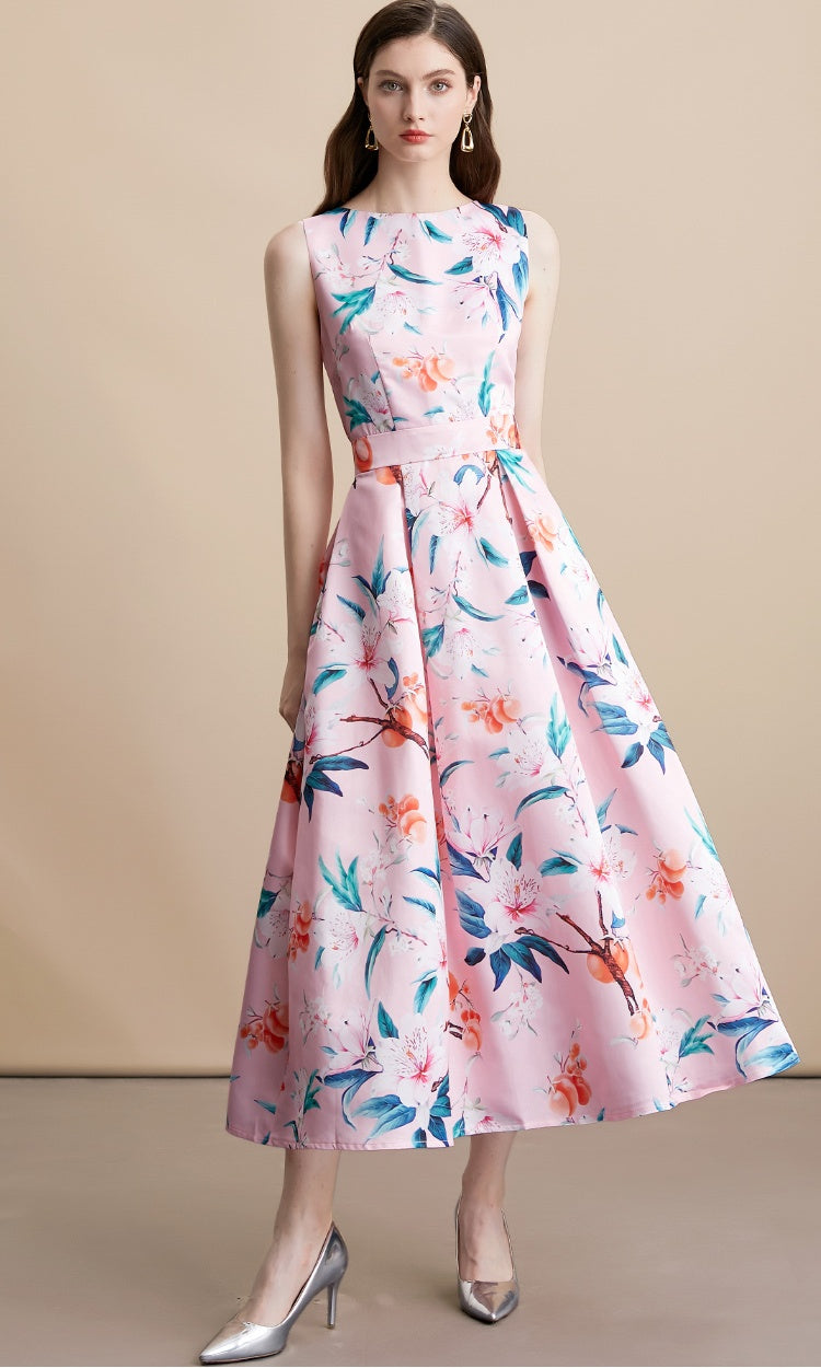 CM-DY054102 Women Elegant European Style Floral Print Round Neck Sleeveless Pinched Waist Mid-Length Dress