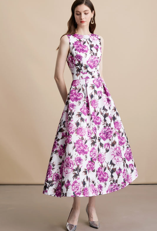 CM-DY054104 Women Elegant European Style Round Neck Sleeveless High Waist A-Line Mid-Length Dress