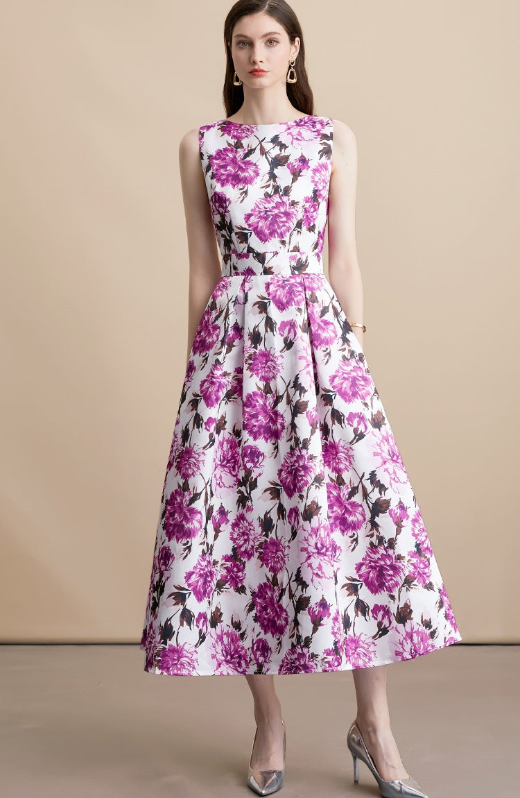 CM-DY054104 Women Elegant European Style Round Neck Sleeveless High Waist A-Line Mid-Length Dress