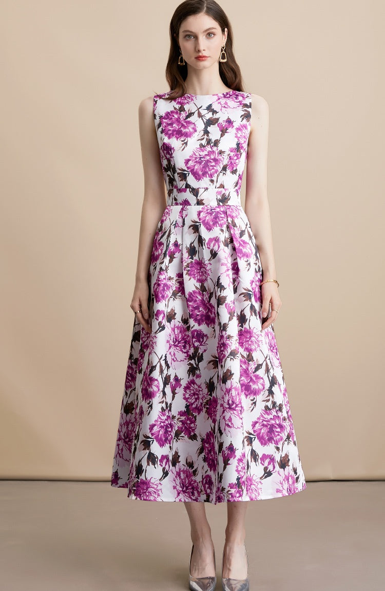 CM-DY054104 Women Elegant European Style Round Neck Sleeveless High Waist A-Line Mid-Length Dress