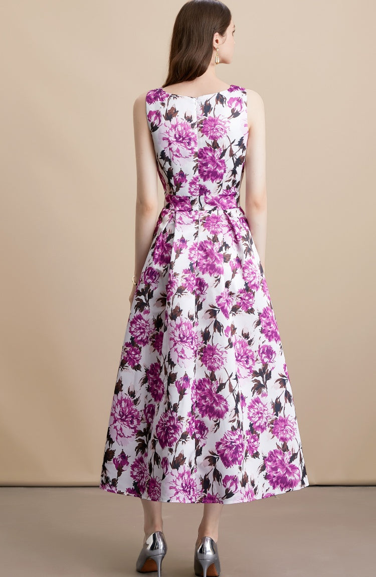 CM-DY054104 Women Elegant European Style Round Neck Sleeveless High Waist A-Line Mid-Length Dress
