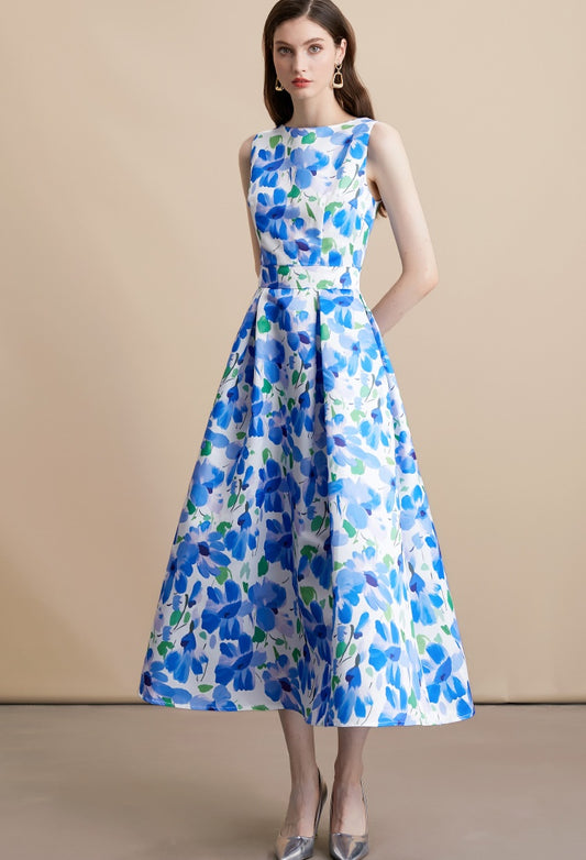 CM-DY054105 Women Elegant European Style Round Neck Sleeveless Pinched Waist A-Line Midi Dress