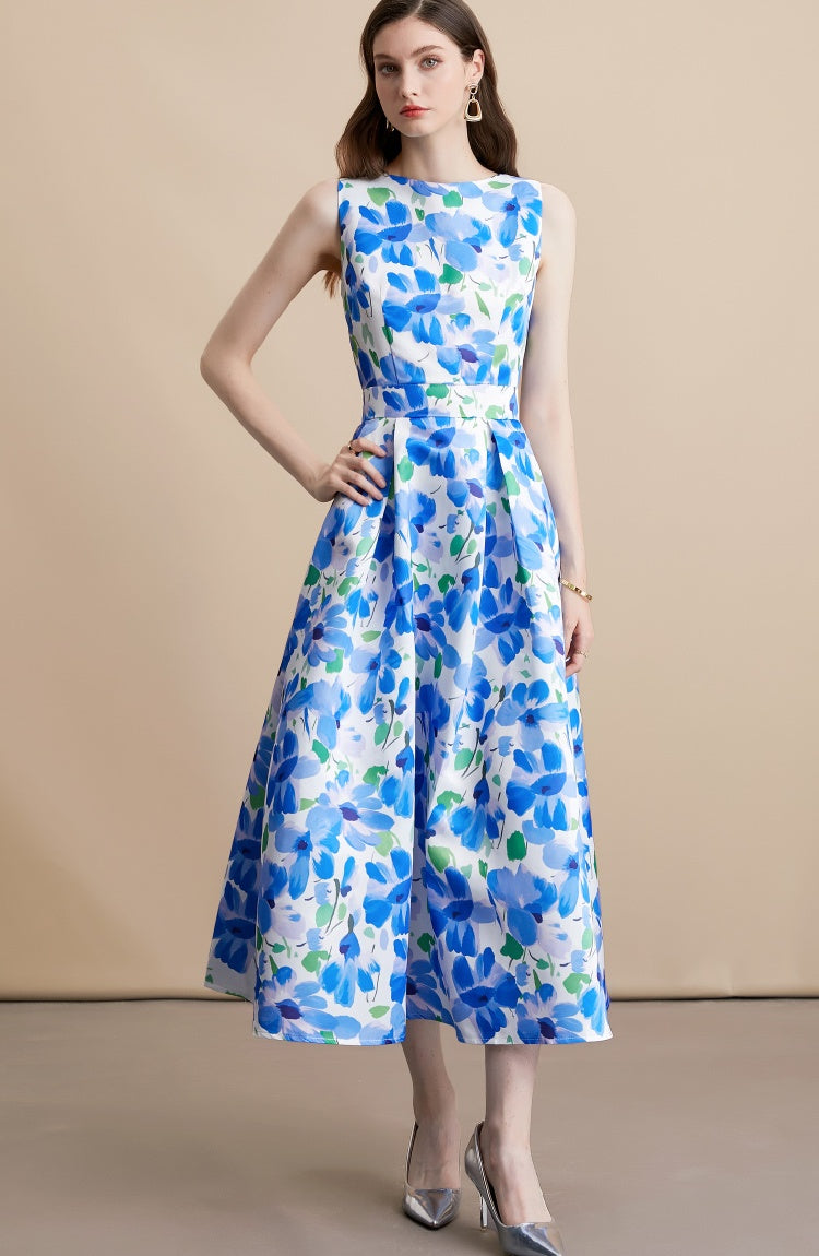 CM-DY054105 Women Elegant European Style Round Neck Sleeveless Pinched Waist A-Line Midi Dress