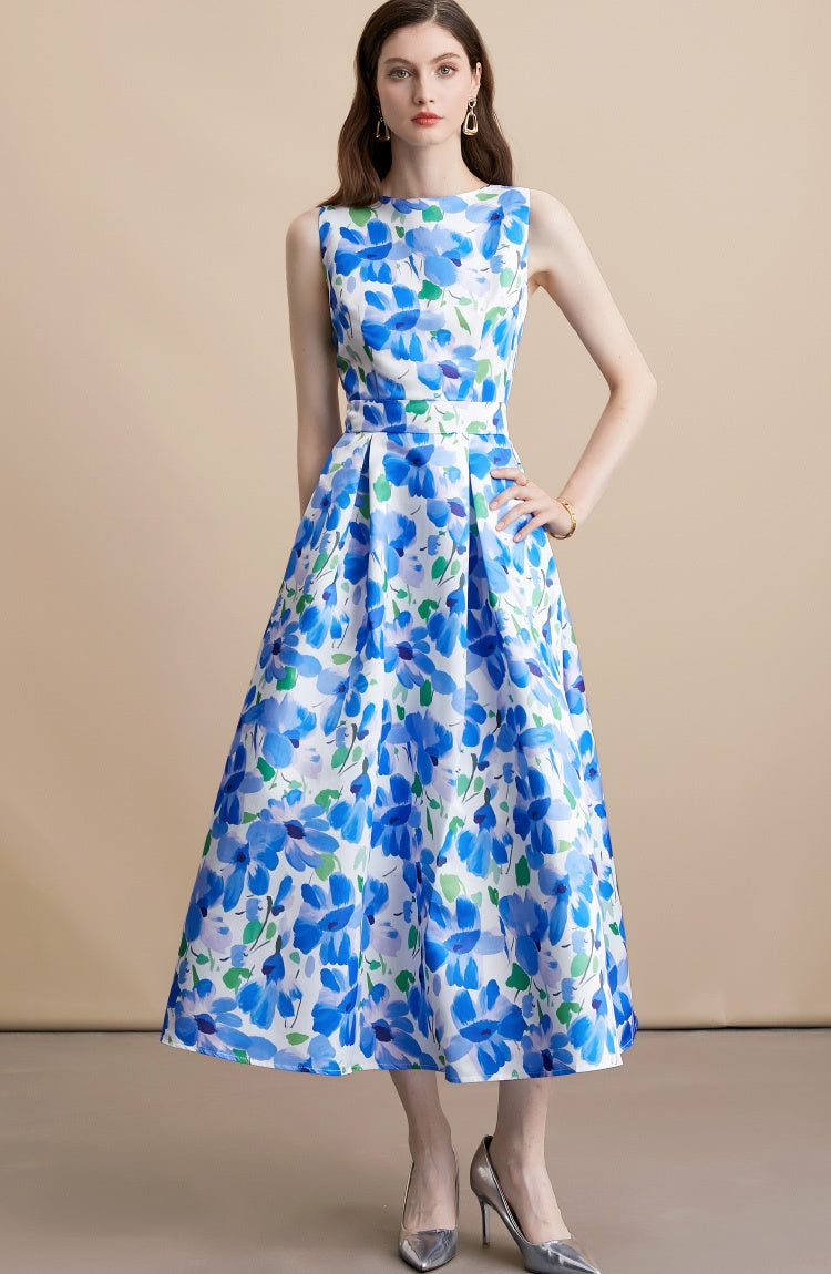 CM-DY054105 Women Elegant European Style Round Neck Sleeveless Pinched Waist A-Line Midi Dress