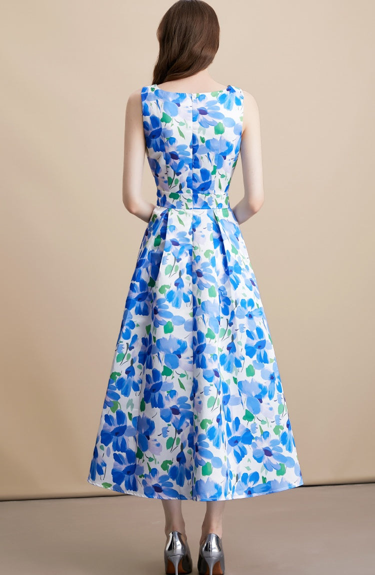 CM-DY054105 Women Elegant European Style Round Neck Sleeveless Pinched Waist A-Line Midi Dress