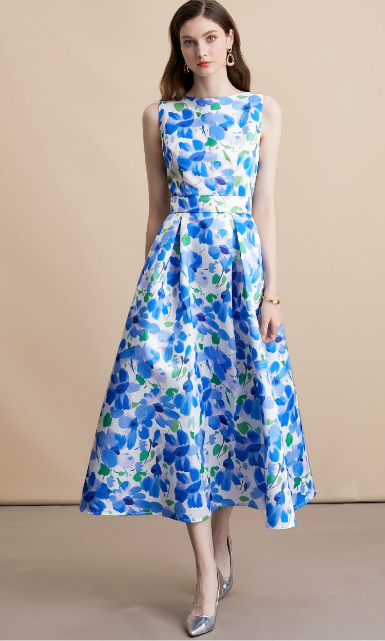 CM-DY054105 Women Elegant European Style Round Neck Sleeveless Pinched Waist A-Line Midi Dress