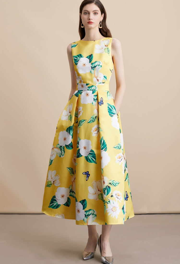 CM-DY054106 Women Elegant European Style Round Neck Sleeveless High Waist A-Line Mid-Length Dress - Yellow