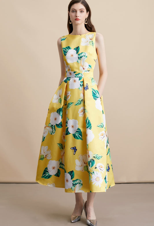 CM-DY054106 Women Elegant European Style Round Neck Sleeveless High Waist A-Line Mid-Length Dress - Yellow