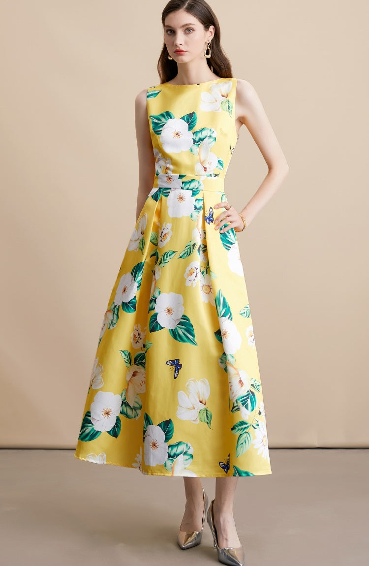 CM-DY054106 Women Elegant European Style Round Neck Sleeveless High Waist A-Line Mid-Length Dress - Yellow