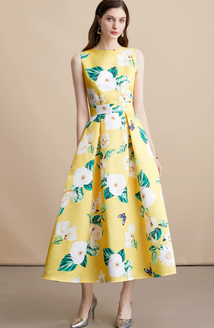 CM-DY054106 Women Elegant European Style Round Neck Sleeveless High Waist A-Line Mid-Length Dress - Yellow