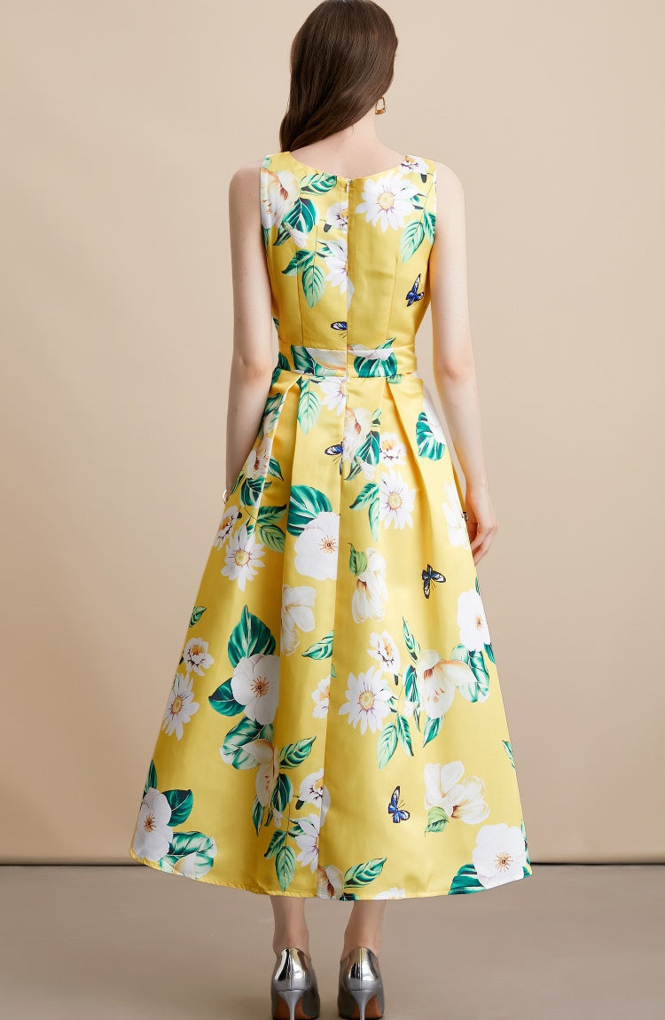 CM-DY054106 Women Elegant European Style Round Neck Sleeveless High Waist A-Line Mid-Length Dress - Yellow