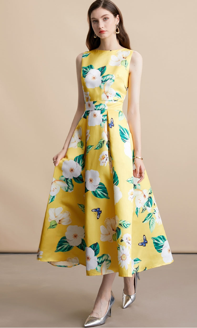 CM-DY054106 Women Elegant European Style Round Neck Sleeveless High Waist A-Line Mid-Length Dress - Yellow