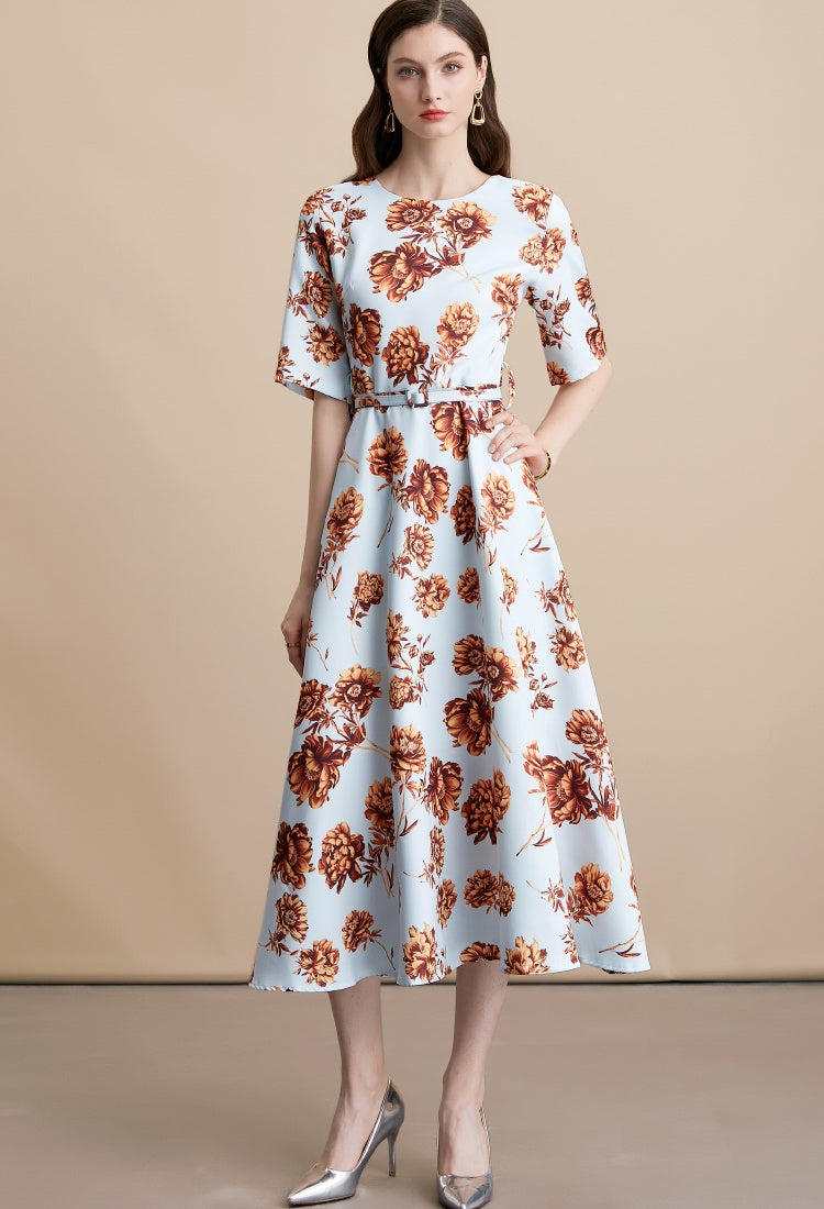 CM-DY054107 Women Elegant European Style Round Neck Short Sleeve Pinched Waist Long Dress
