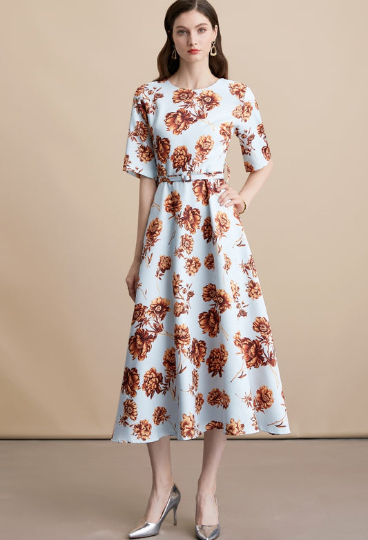 CM-DY054107 Women Elegant European Style Round Neck Short Sleeve Pinched Waist Long Dress