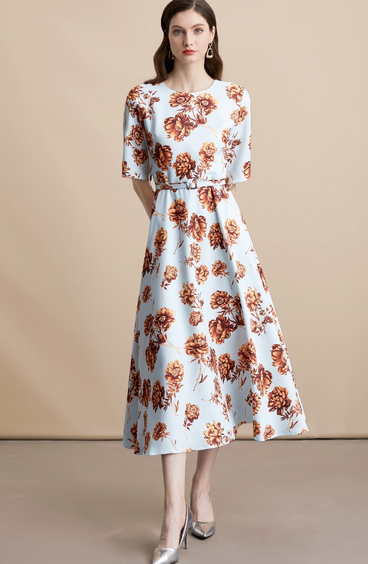CM-DY054107 Women Elegant European Style Round Neck Short Sleeve Pinched Waist Long Dress