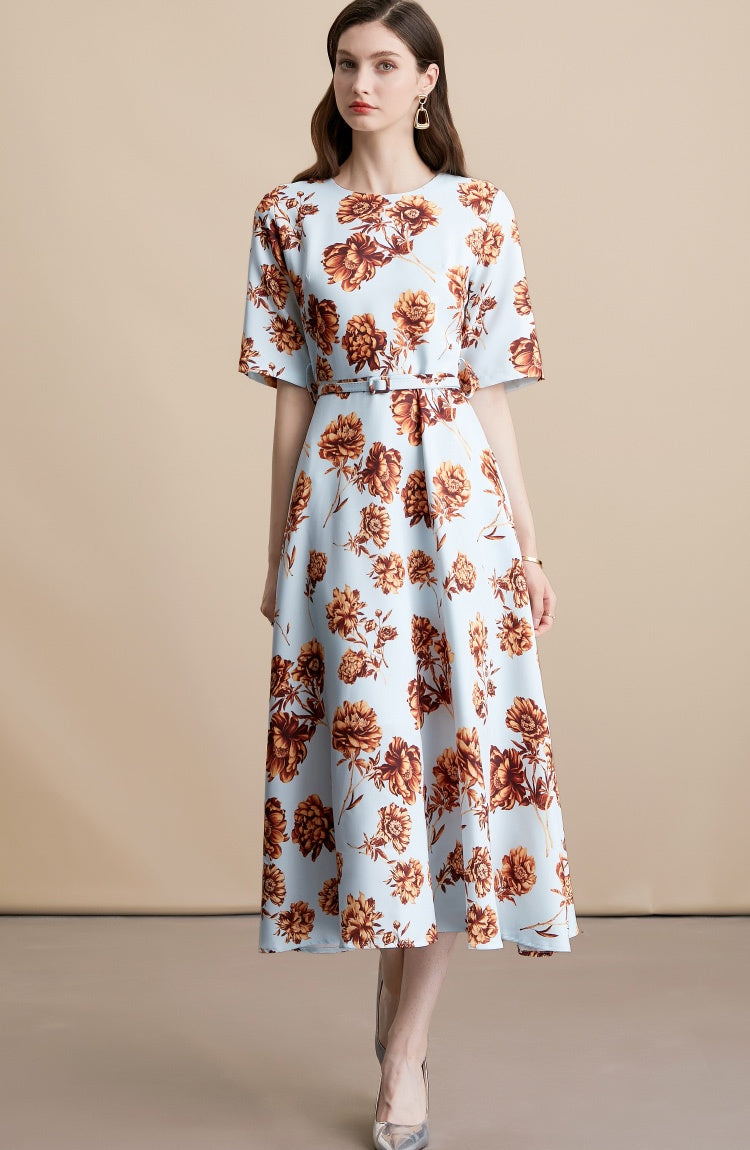 CM-DY054107 Women Elegant European Style Round Neck Short Sleeve Pinched Waist Long Dress