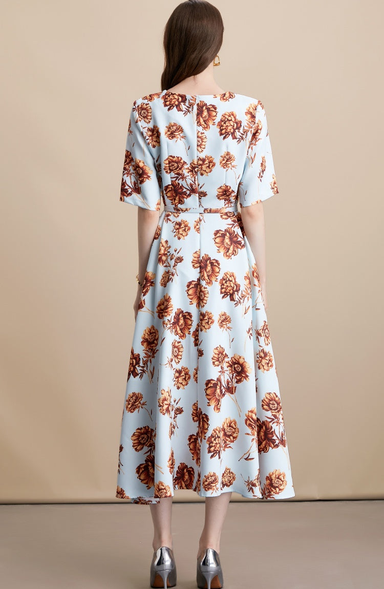 CM-DY054107 Women Elegant European Style Round Neck Short Sleeve Pinched Waist Long Dress