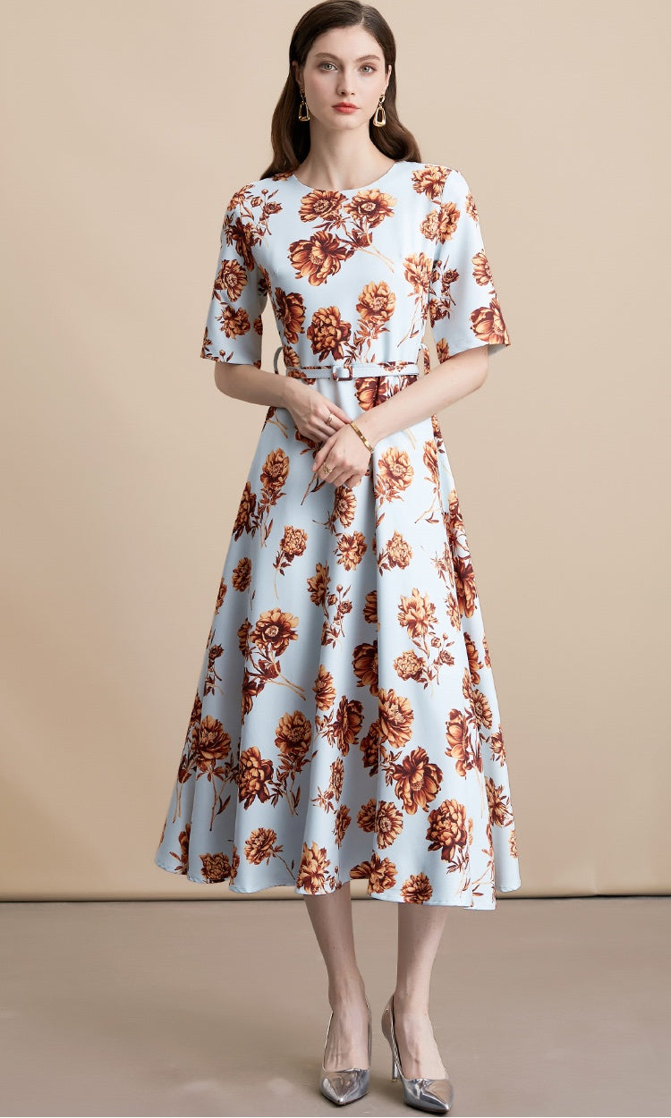 CM-DY054107 Women Elegant European Style Round Neck Short Sleeve Pinched Waist Long Dress