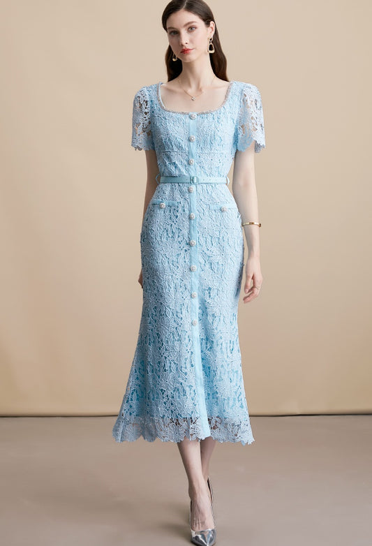 CM-DY054108 Women Elegant European Style Square Collar Short Sleeve High Waist Belted Midi Dress - Blue