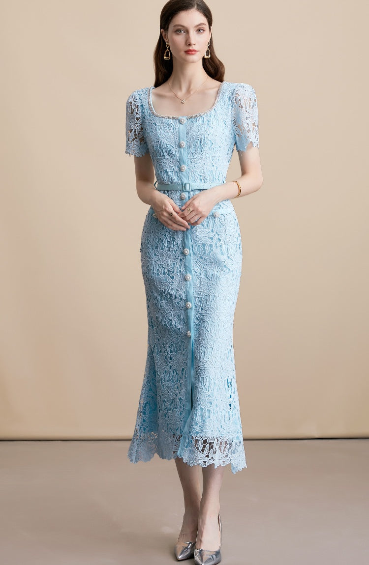 CM-DY054108 Women Elegant European Style Square Collar Short Sleeve High Waist Belted Midi Dress - Blue