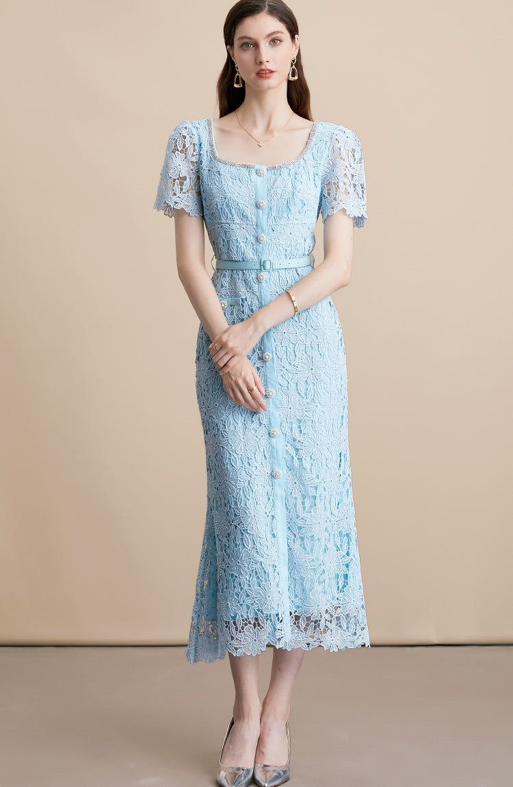 CM-DY054108 Women Elegant European Style Square Collar Short Sleeve High Waist Belted Midi Dress - Blue