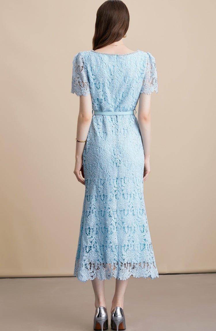 CM-DY054108 Women Elegant European Style Square Collar Short Sleeve High Waist Belted Midi Dress - Blue
