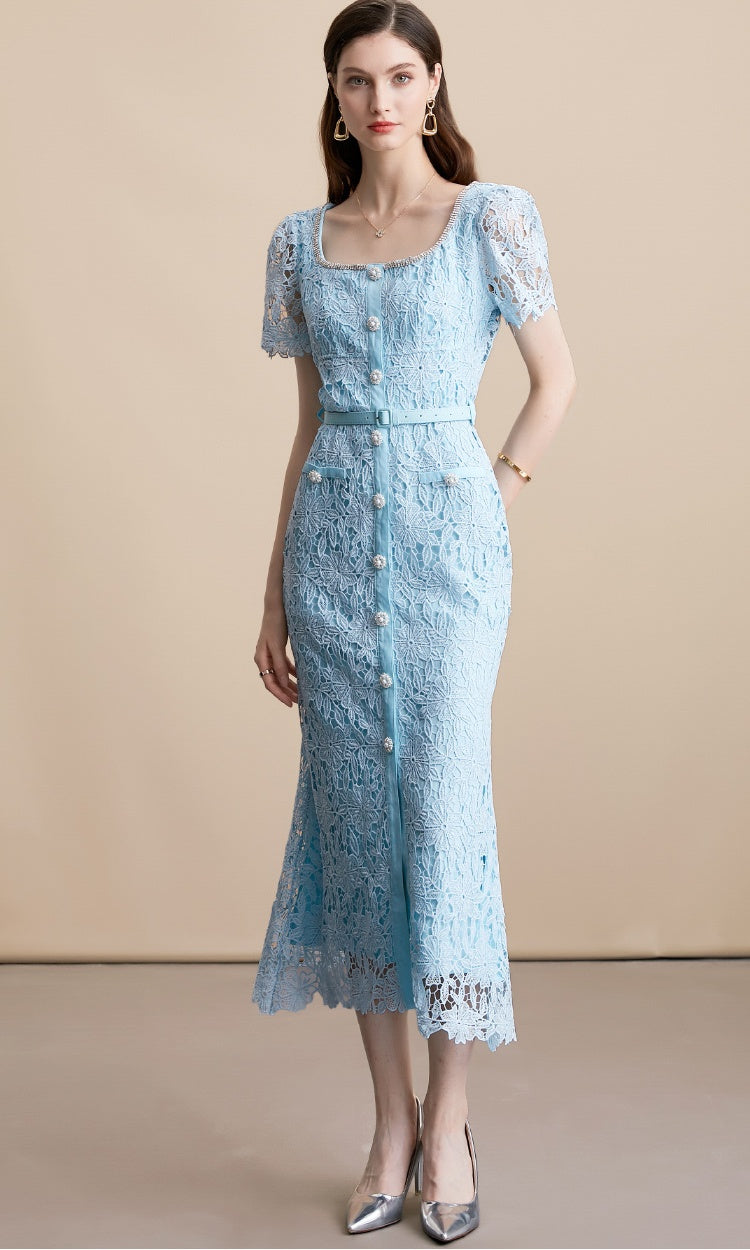 CM-DY054108 Women Elegant European Style Square Collar Short Sleeve High Waist Belted Midi Dress - Blue
