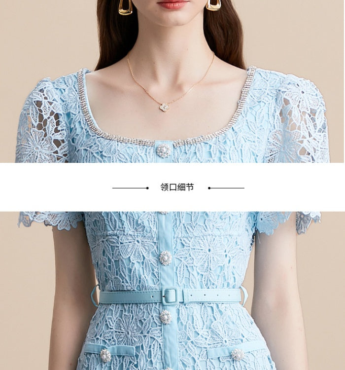 CM-DY054108 Women Elegant European Style Square Collar Short Sleeve High Waist Belted Midi Dress - Blue