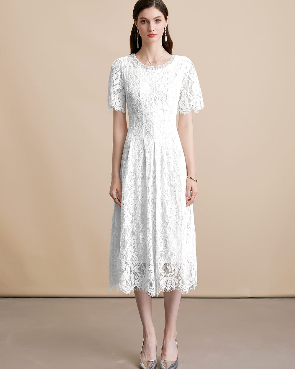CM-DY054109 Women Elegant European Style Diamond Pearl Decor Round Neck Short Sleeve Midi Dress - White